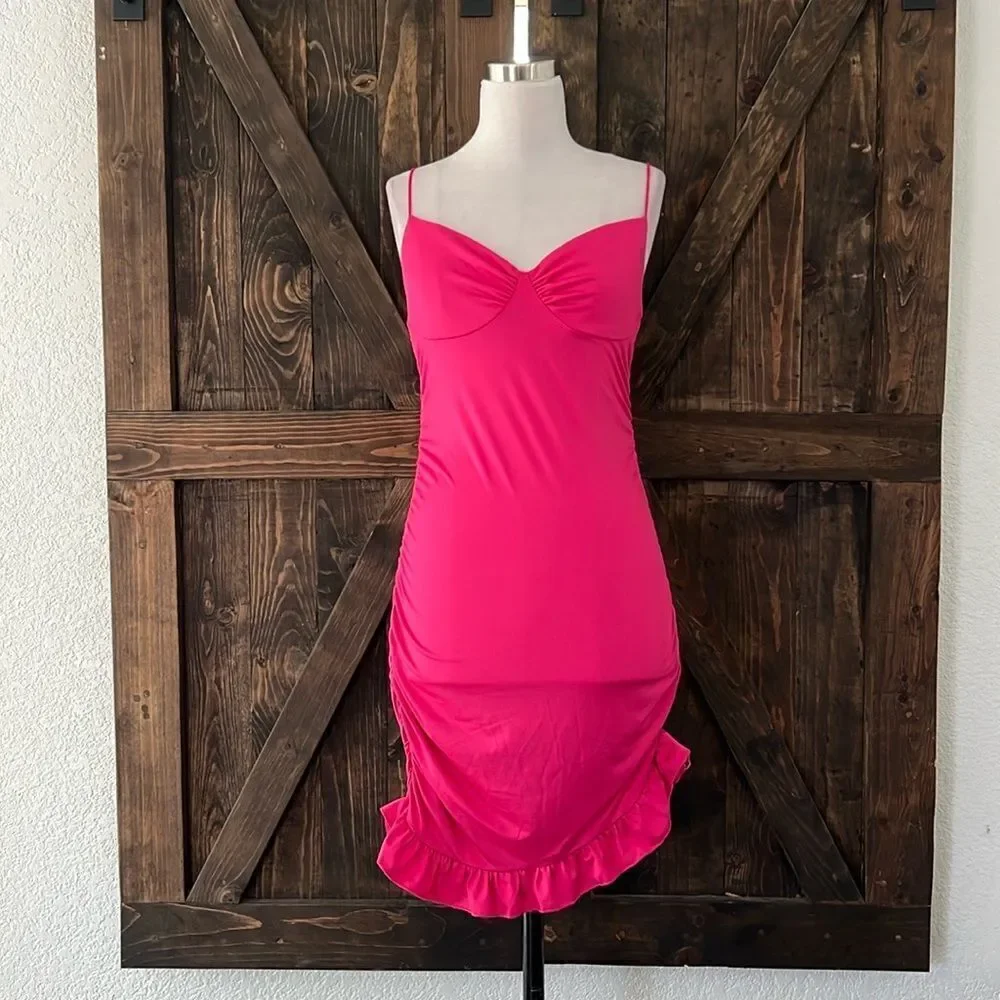 NWT Spaghetti Straps Bodycon Ruffle Hem Ruched Party , Cocktail Mini Dress - Picture 2 of 11